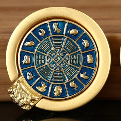 Blue nine palaces and eight trigrams phone ring holder, Buddhist spiritual symbol for harmony and cosmic balance