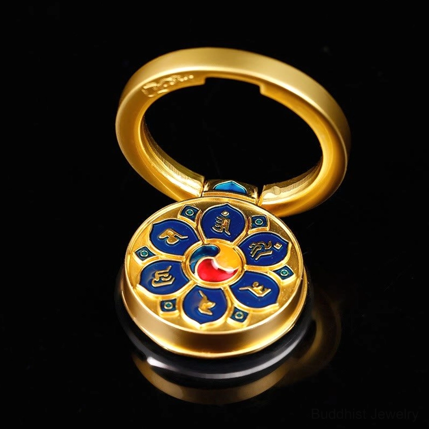 Blue Om Mani Padme Hum six-character mantra phone ring holder, serene color for meditation and spiritual practice