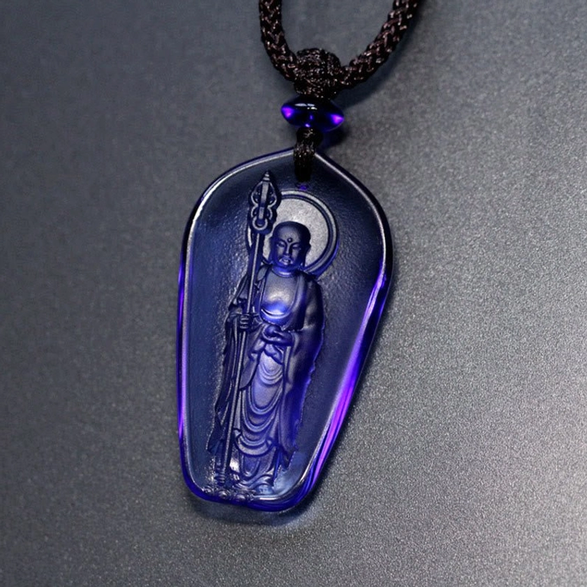 Deep blue standing Ksitigarbha Bodhisattva teardrop crystal pendant with staff and sacred halo, Buddhist necklace