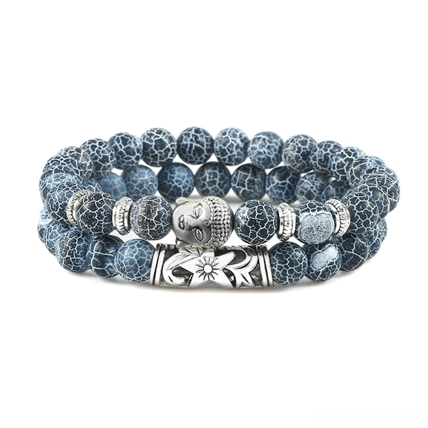 Blue weathered agate Buddhist bracelet with crackle stone texture and silver engraved metal details