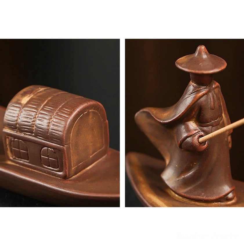 Boat cabin decorative detail with window carvings, handcrafted brown ceramic, side view