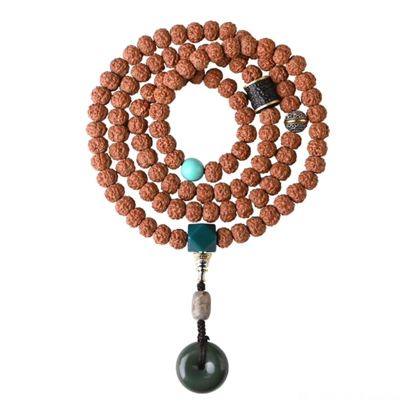 108 bead bodhi seed Buddhist mala with three-eye Dzi bead and Vajra Bodhi design for meditation practice
