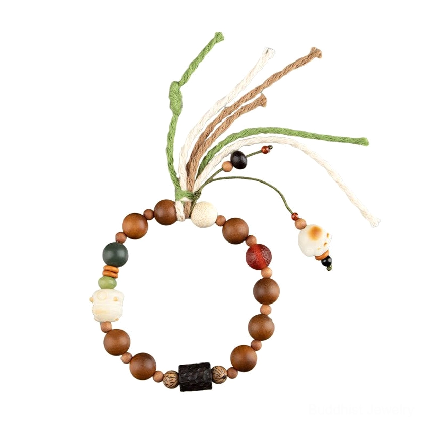 Spiritual Buddhist bracelet with lightning strike wood beads and carved cat paw charm, packaging and presentation