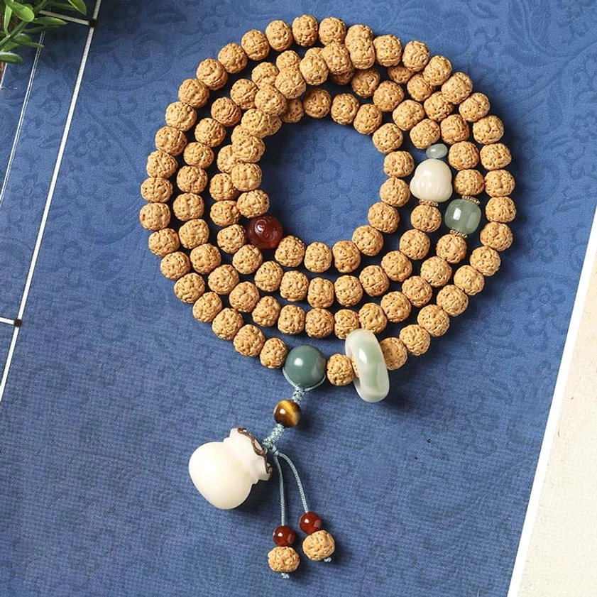 Buddhist bodhi seed bracelet with triple eye Dzi bead 108 beads meditation mala and spiritual accents