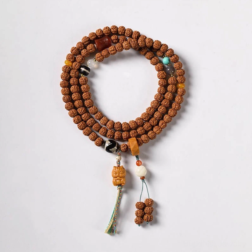 Authentic bodhi seed bracelet with three-eye Dzi bead multi-circle design and Buddha hand pendant