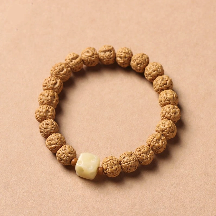 Bodhi seed prayer bracelet with three-eye Dzi bead protective amulet and Buddha hand spiritual pendant