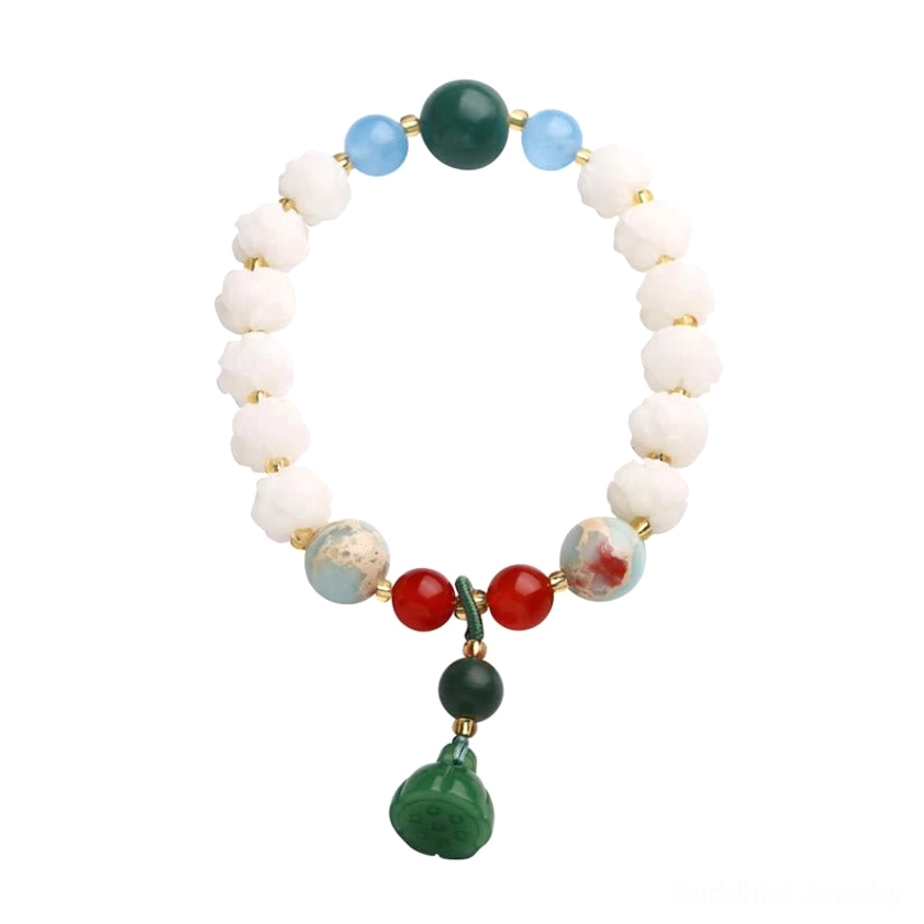 Full view of bodhi seed lotus carved bracelet showing all beads and elastic string on white background