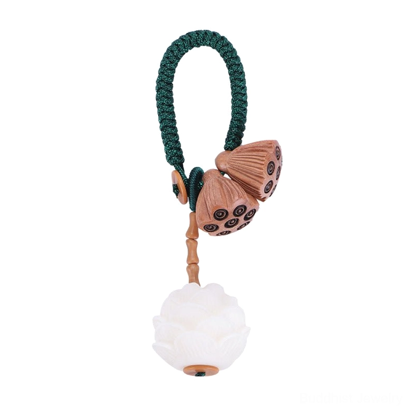 Natural white bodhi seed keychain with carved lotus pendant and sustainable materials