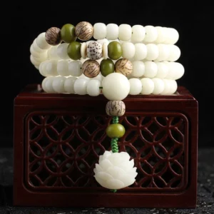 White Bodhi lotus mala 108 beads with carved lotus pendant on wooden meditation box