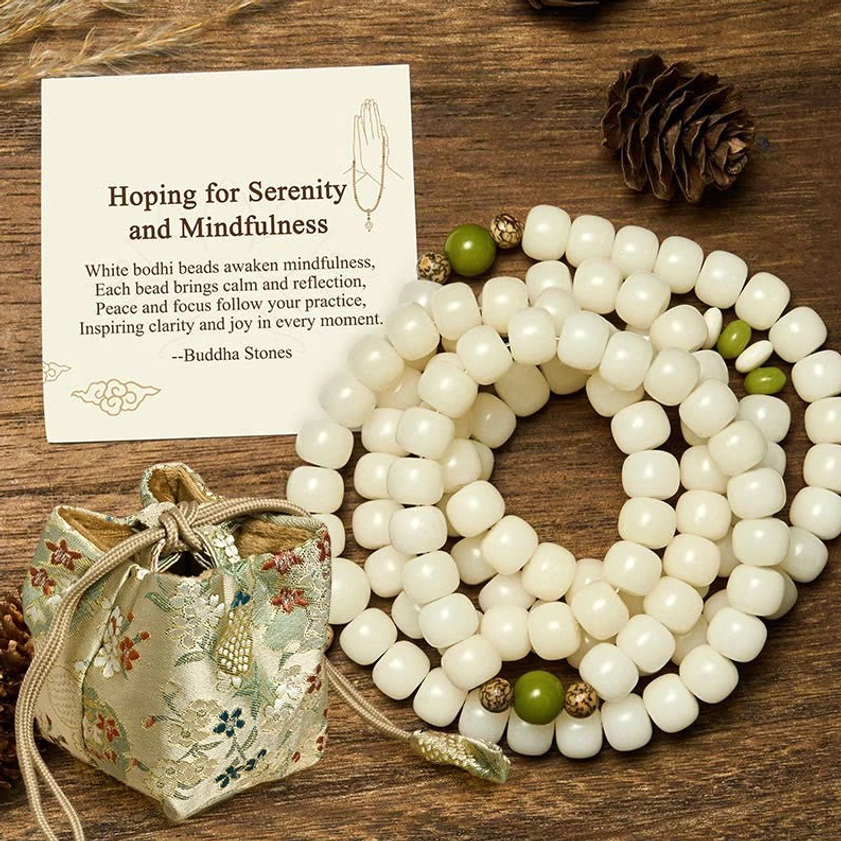 White bodhi lotus prayer mala larger 8x10mm bead size variant with lotus pendant, overhead view