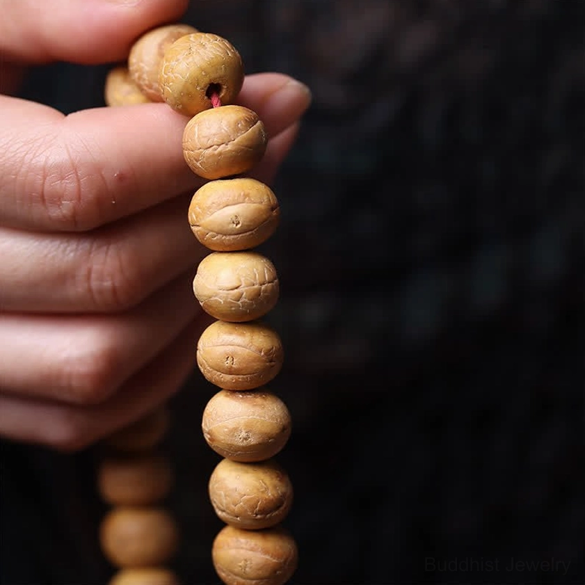 Macro close-up of fingers gripping Phoenix Eye Bodhi mala strand, clearly showing distinctive eye markings on beads