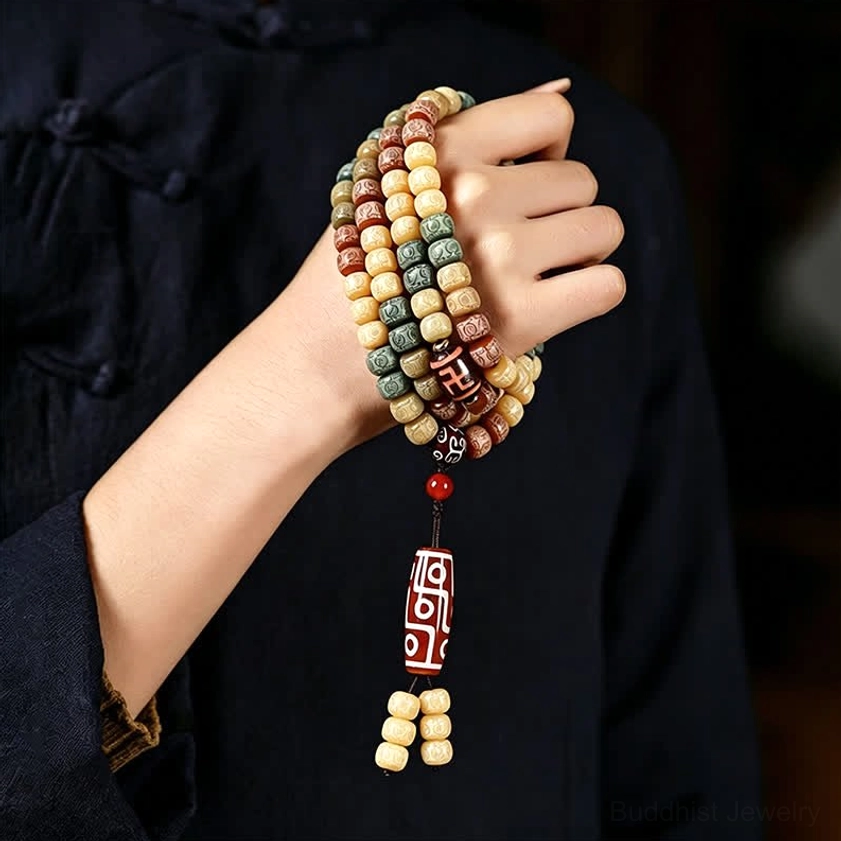 Bodhi seed mala bracelet close-up detail of natural seed texture