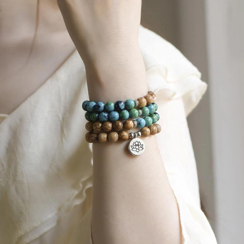 Wrist Lifestyle View – Bodhi Seed Mala Bracelet Worn Layered, Buddhist Prayer Beads for Daily Meditation