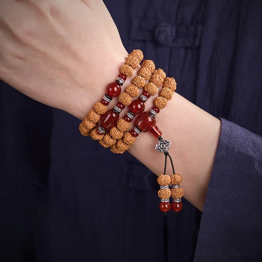 Mala bracelet wrapped around wrist showing how to wear bodhi seed beads for daily meditation practice