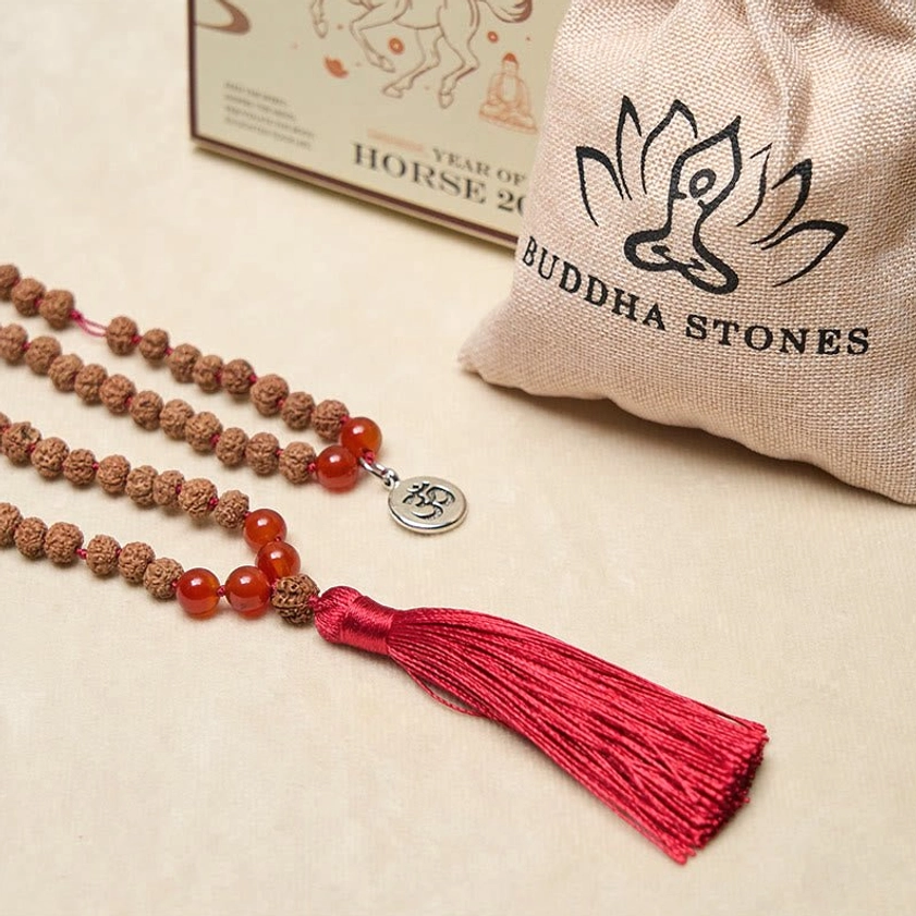Complete bodhi seed mala set with packaging showing branded pouch om charm and red tassel included