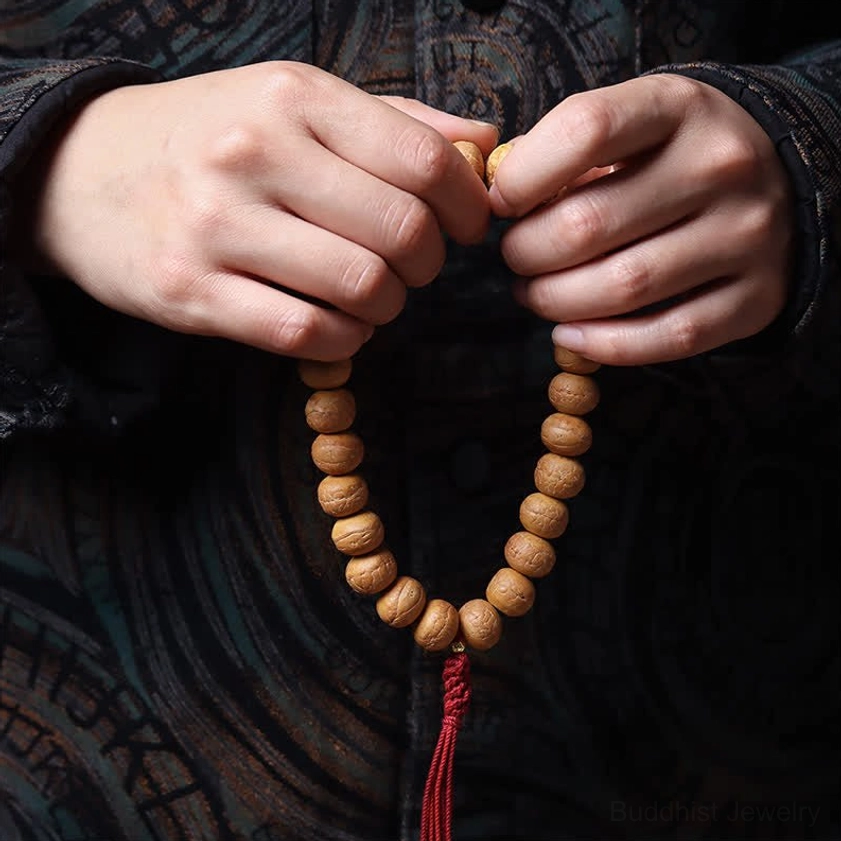 Close-up hand shot of person holding Phoenix Eye Bodhi Buddhist mala bracelet with both hands