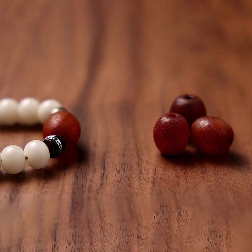 Bodhi seed prayer mala with red agate bead accents, silver metal spacers, natural gemstone details, spiritual necklace
