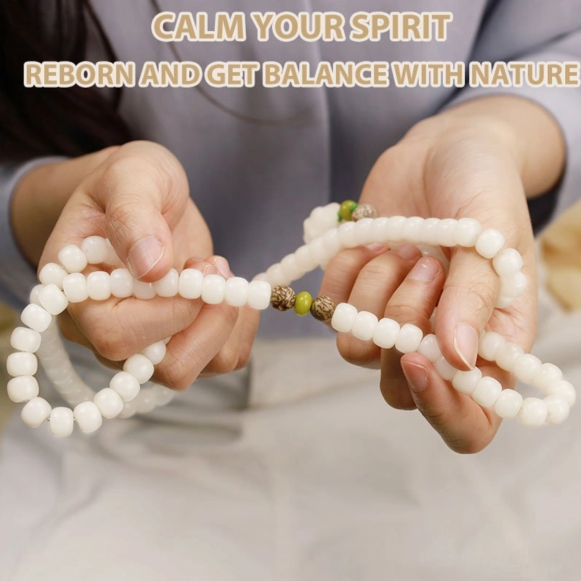 White bodhi prayer beads mala with lotus pendant inner peace awakening