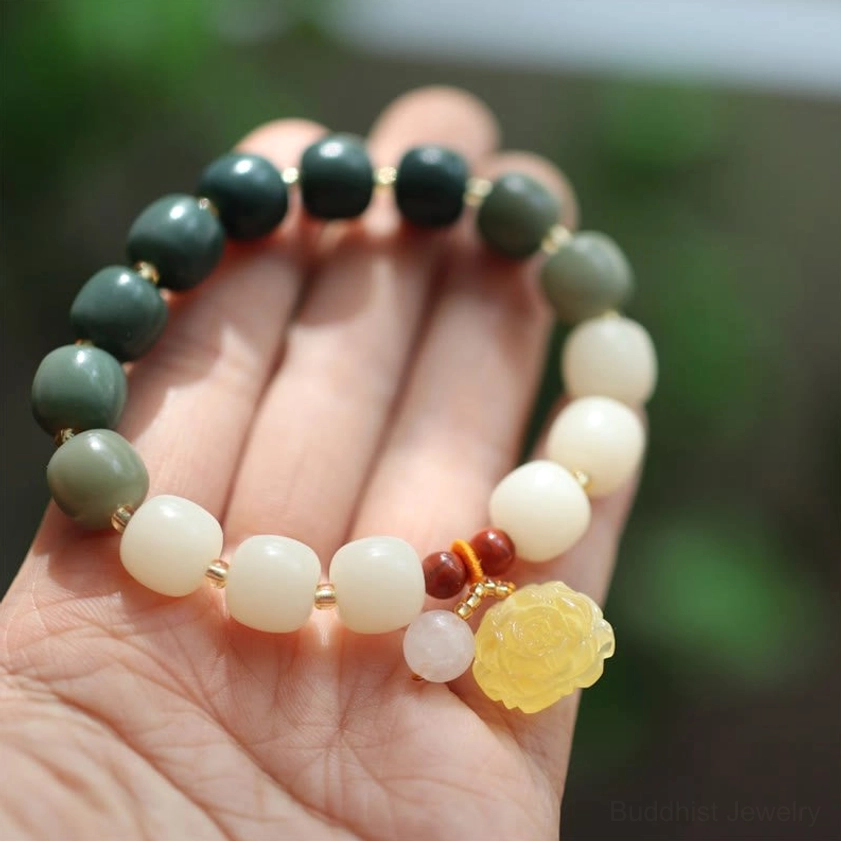 Bodhi seed amber lotus bracelet for enlightenment and inner peace - unisex spiritual wellness jewelry handmade with natural stones