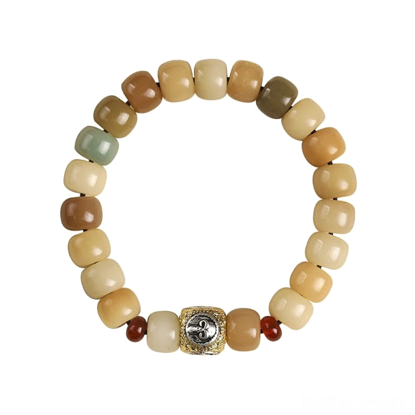 Bodhi seed barrel bead bracelet overhead flat lay with gradient earthy tones, carved silver focal bead with small red spacer beads on neutral beige background