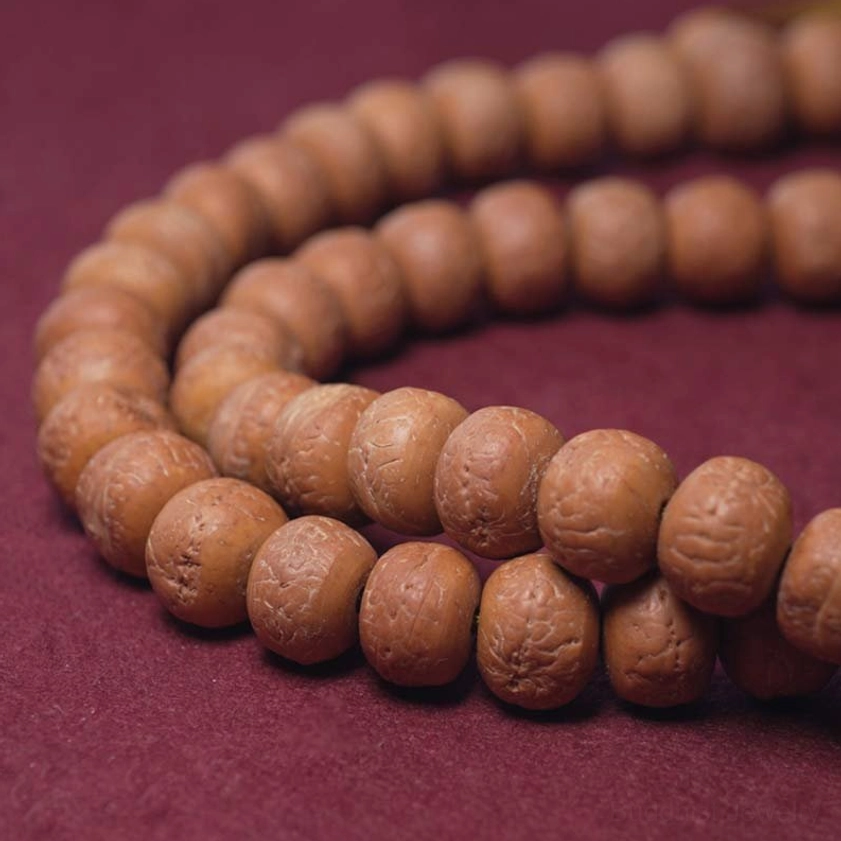 Macro view of plain Bodhi seed beads showing texture and natural color variation in 108-bead mala