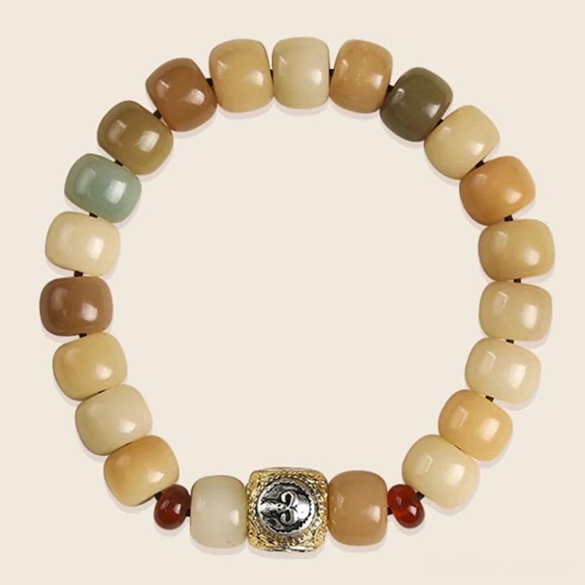 Bodhi seed beaded bracelet circular overhead flat lay showing multitone earthy barrel beads, branded silver bead with red accent beads on light background