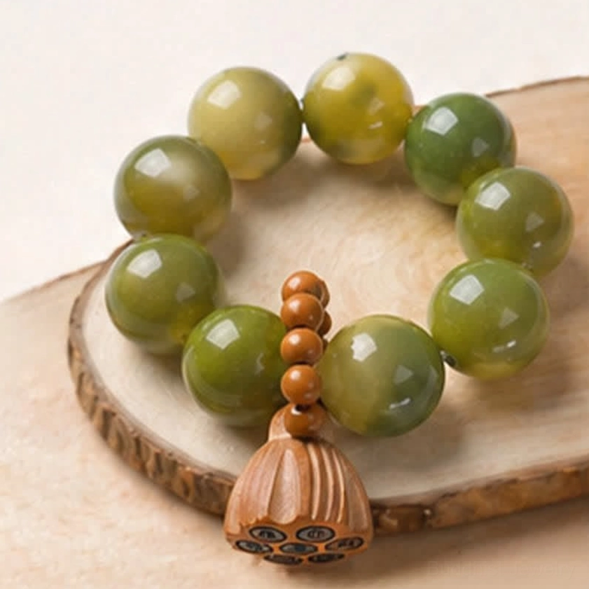 Bodhi seed meditation bracelet detail showing elastic cord construction and bead quality
