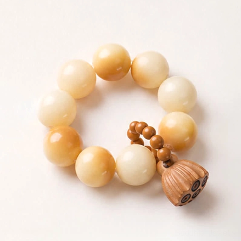 Bodhi seed meditation bracelet front view with polished round beads and wooden lotus decoration