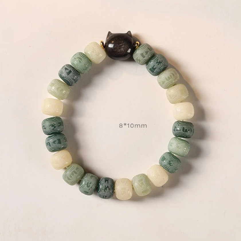 Bodhi seed and black cat charm bracelet, om mani padme hum sacred mantra engraved, protective spiritual accessory