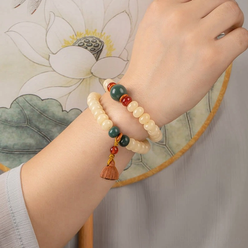 Bodhi seed Buddhist bracelet styled on wrist showing comfortable double wrap fit for daily wear