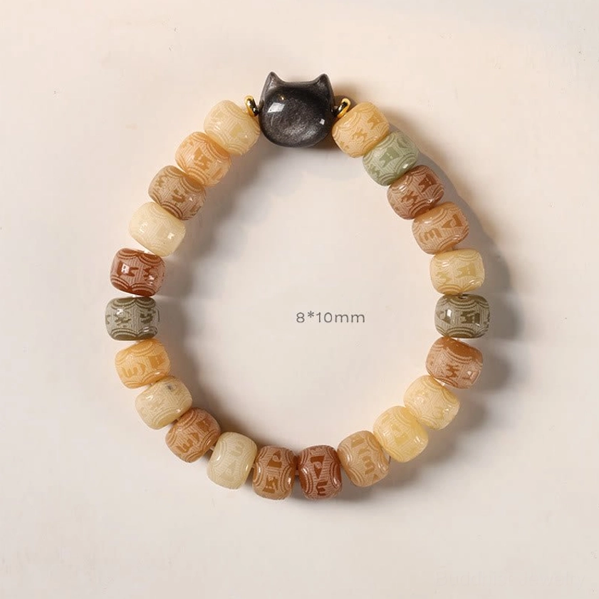 Bodhi seed and black cat head bracelet with size measurement 8x10mm, overhead product photography on white background