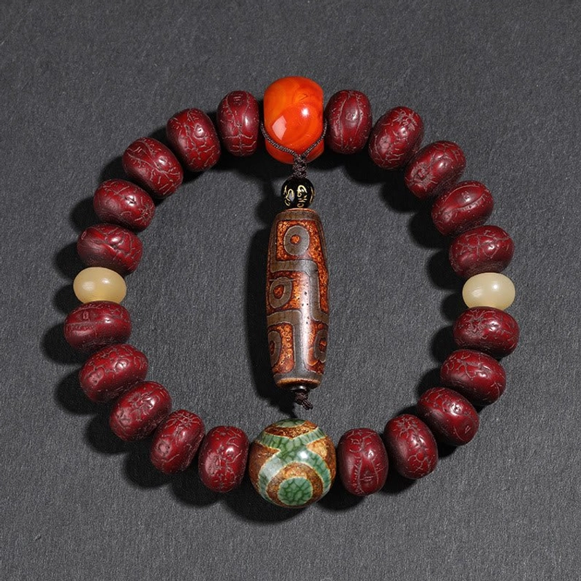 Circular bodhi seed bracelet with long dzi bead pendant - protective amulet for spiritual practice