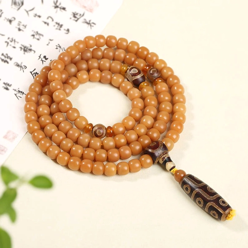 9mm Bodhi Seed and Dzi Bead Bracelet hand-painted protective amulet lucky charm