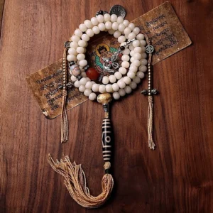 Buddhist 108 prayer mala with bodhi seed and hand-painted three-eye Dzi bead, silver cross tassel pendant, authentic meditation necklace