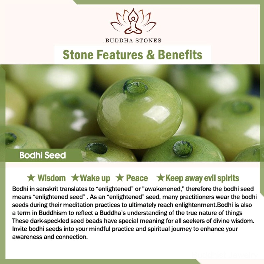 Bodhi seed product information card with close-up images of natural beads, benefits list, and lotus branding - Buddhist jewelry educational graphic