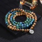 108 Bodhi Seed Lotus Mala Bracelet – Sacred Buddhist Prayer Beads with Silver Lotus Charm, Flat Lay Top View