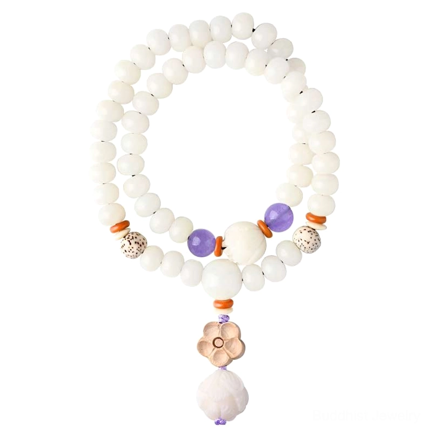 Bodhi seed meditation bracelet with spiritual symbols for enlightenment and protection