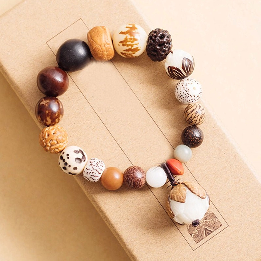 Bodhi seed mala bracelet 18cm large size with lotus pendant flat lay