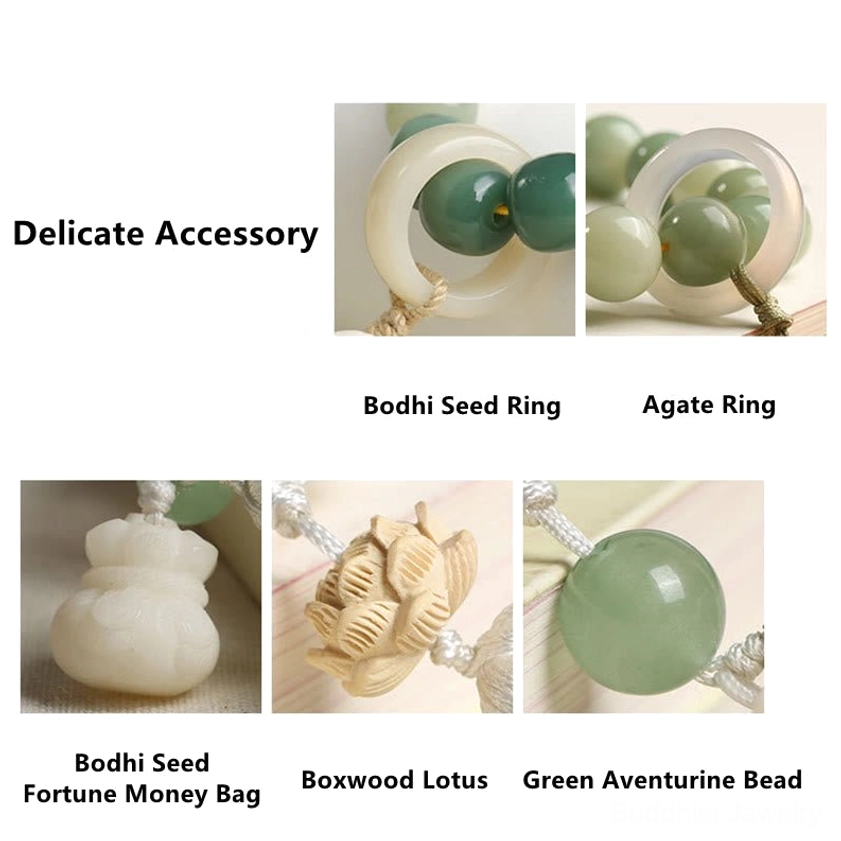Mala bracelet components set showing bodhi seed fortune money bag charm, boxwood lotus pendant, green aventurine bead, and decorative agate rings - handmade Buddhist prayer bracelet materials