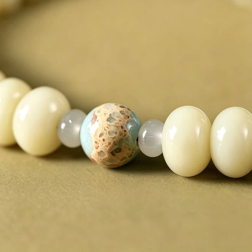 Bodhi seed mala prayer beads white authentic handcrafted with blue accent beads and protective pendant