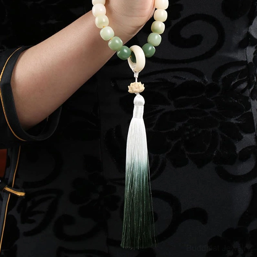 Handcrafted bodhi seed mala bracelet with natural stone beads and traditional Buddhist charms - spiritual prayer jewelry for meditation practice
