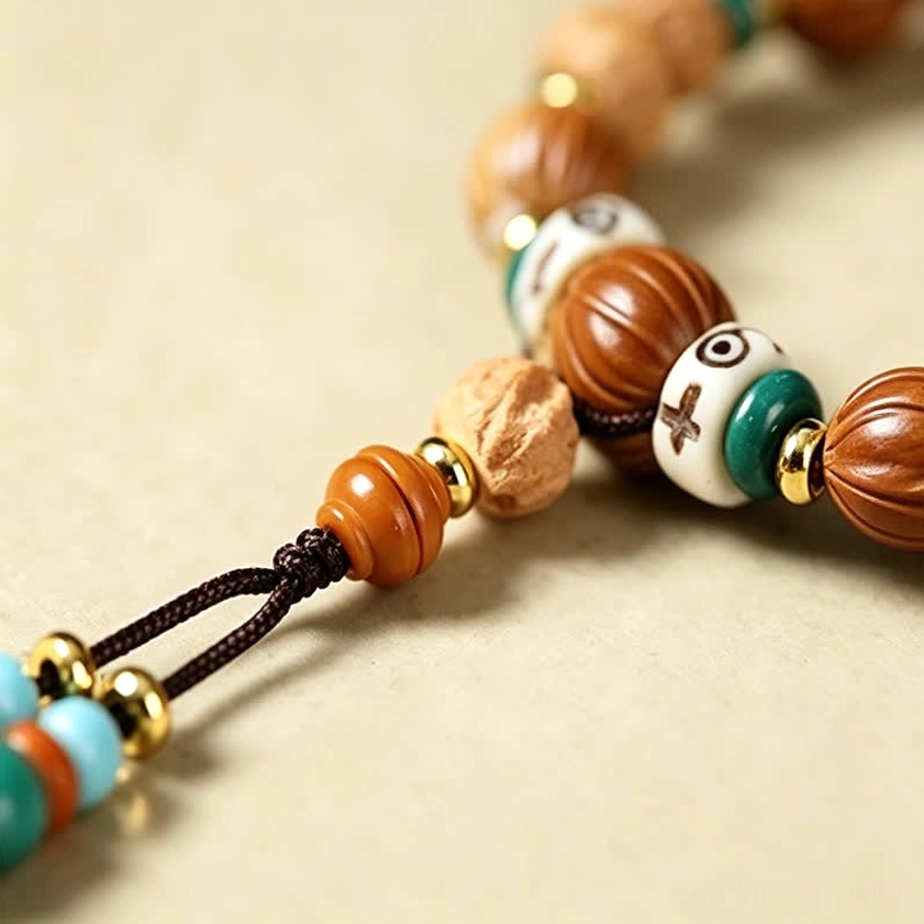 Wrapped Star Moon Bodhi Seed mala bracelet showing how to wear as wrist accessory with tassel decoration
