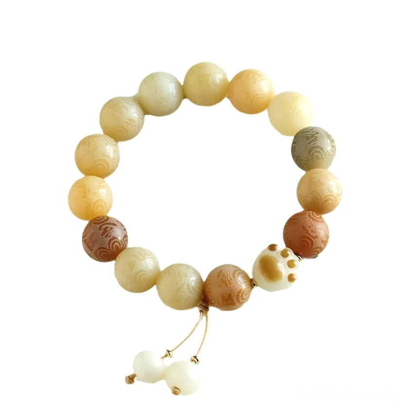 Bodhi Seed Buddhist bracelet with natural light showing texture and authentic carved mantra bead details