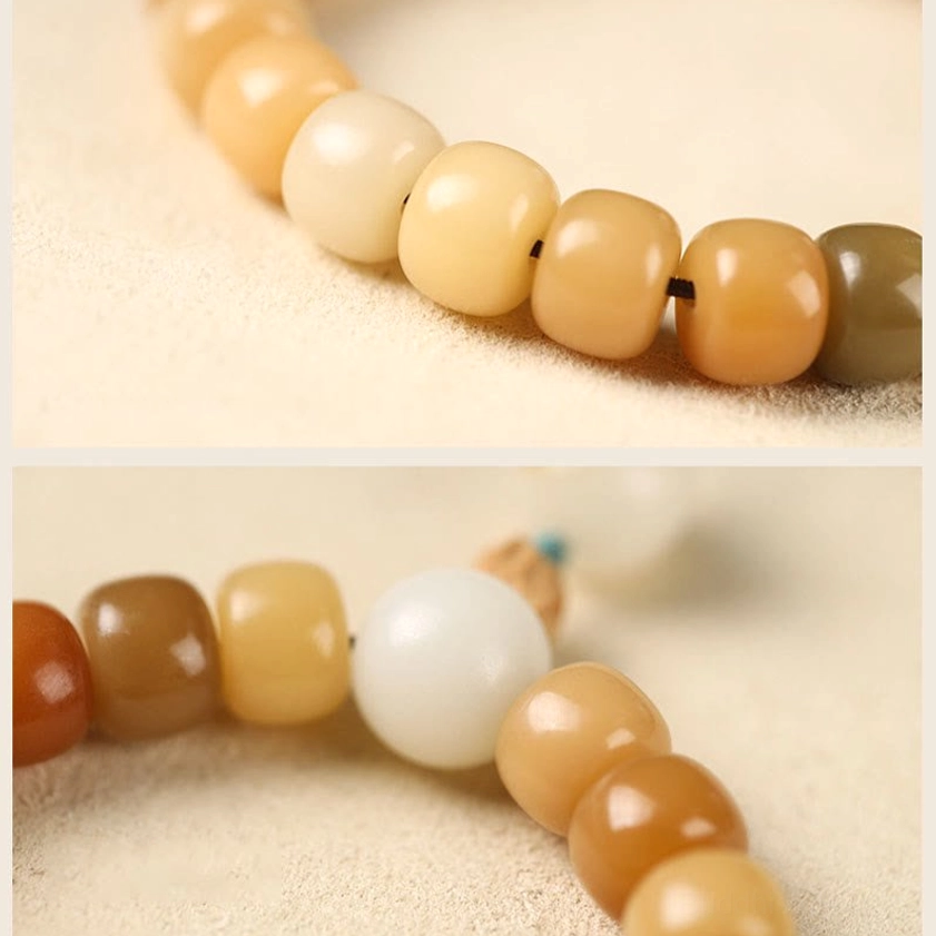 Bodhi seed meditation bracelet close-up showing individual beads, elastic string construction and overall handcrafted quality of Buddhist prayer jewelry