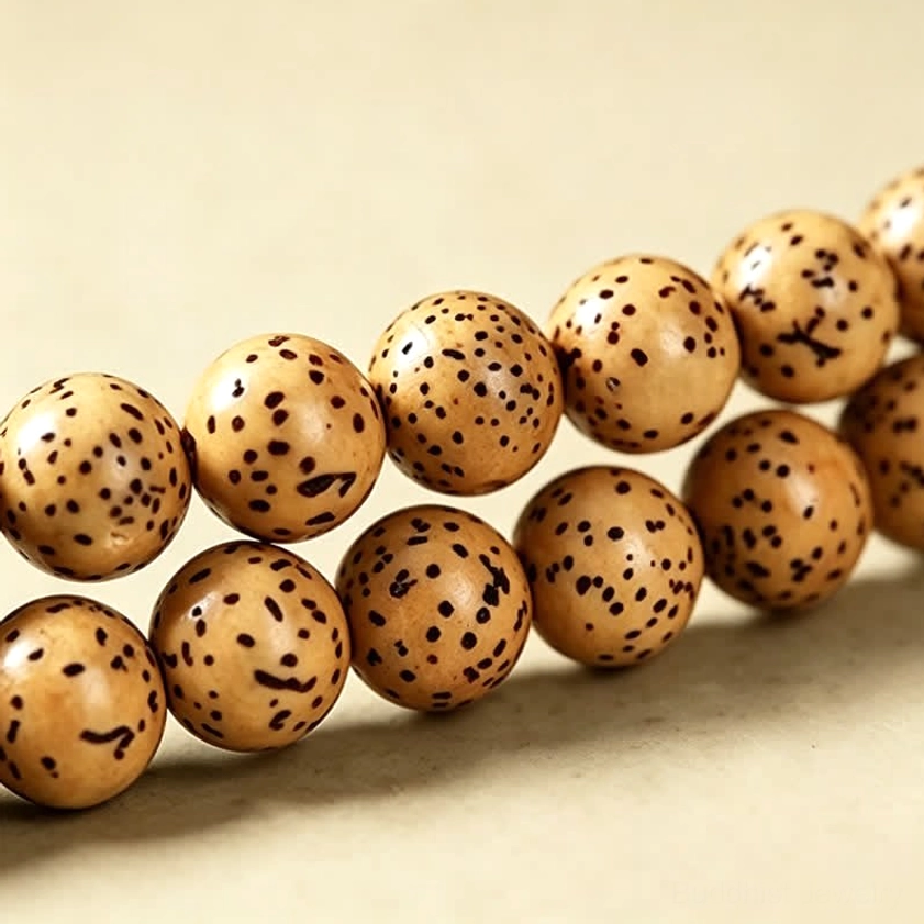 Handmade Star Moon Bodhi Seed mala beads showing natural wood grain texture and patina