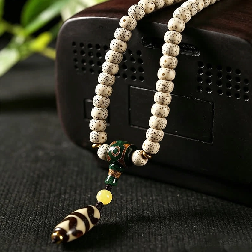 Star Moon Bodhi Seed Buddhist prayer bracelet close-up showing authentic aged texture and natural bead variations
