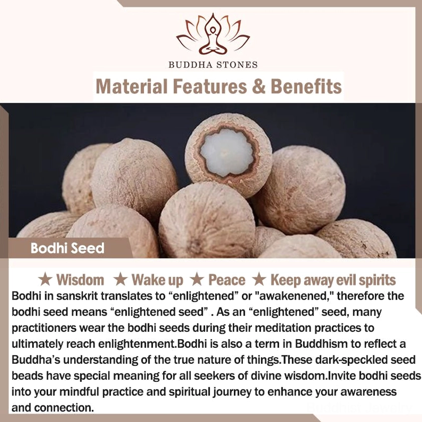 Bodhi Seed spiritual benefits educational poster explaining enlightenment, wisdom, peace, and protection properties