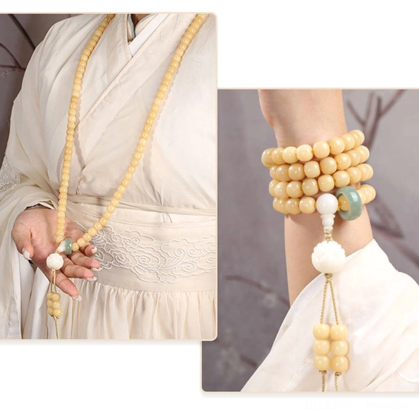 Bodhi Seed Necklace and stackable bracelets layered wearing style with jade accessories