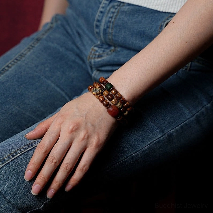Bodhi seed triple wrap mala bracelet with protective dzi agate beads authentic Buddhist jewelry accessory