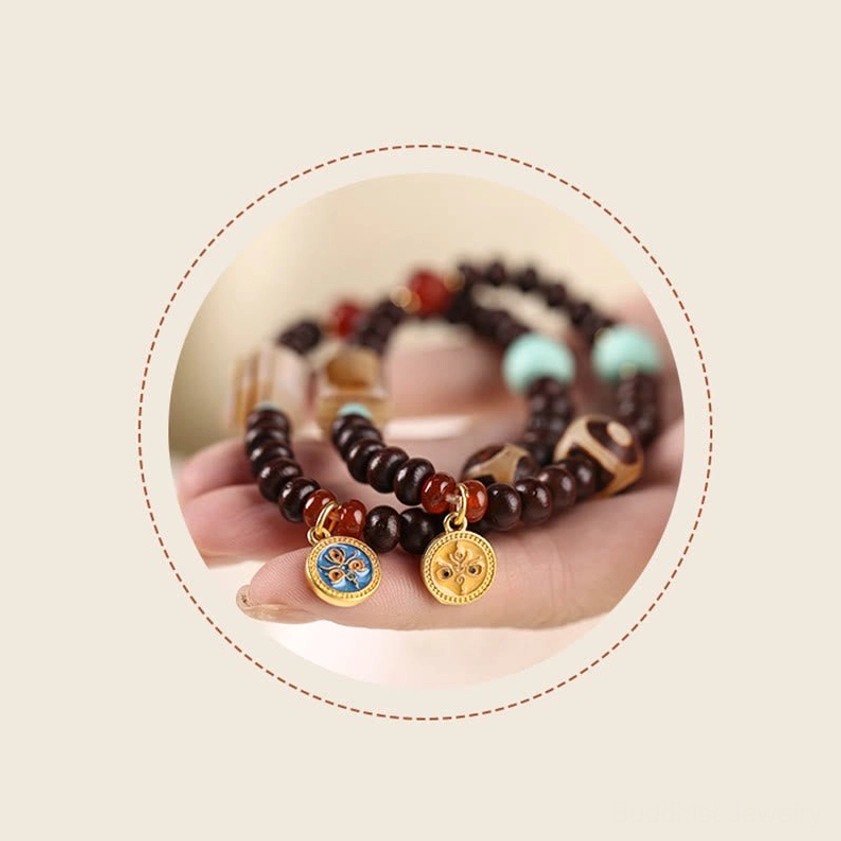 Authentic Buddhist bodhi seed bracelet with wealth attraction dzi bead and turquoise accents